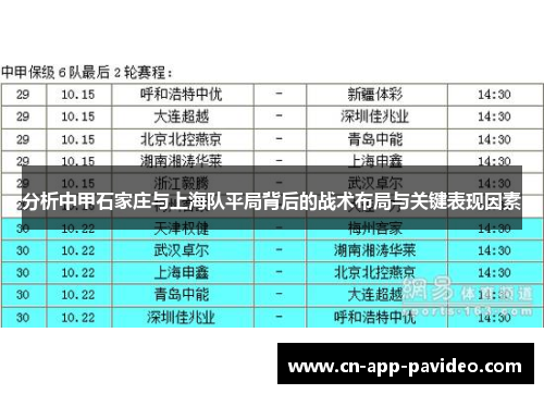 分析中甲石家庄与上海队平局背后的战术布局与关键表现因素