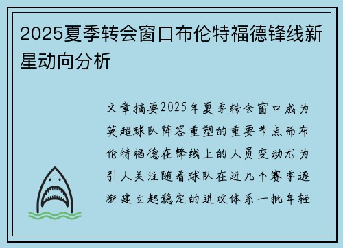 2025夏季转会窗口布伦特福德锋线新星动向分析