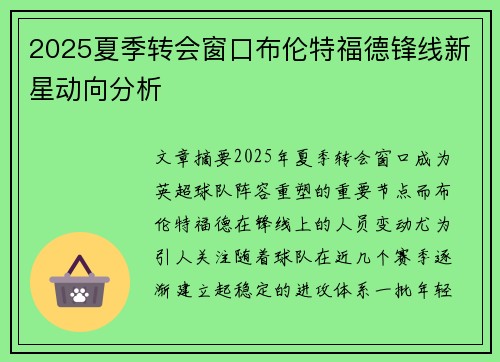 2025夏季转会窗口布伦特福德锋线新星动向分析 2025夏季转会窗口布伦特福德锋线新星动向分析